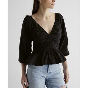 Express Women's V-Neck Pleated Peplum Top Size XS Black 3/4 Puff Sleeves NWT $74